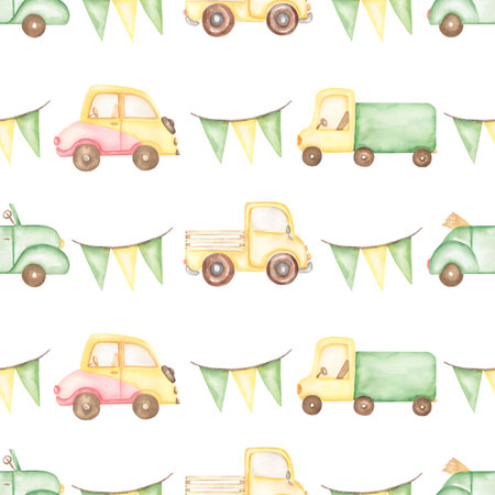 Watercolor transport seamless pattern, pink and yellow car, green truck, hand drawn kids transportation with party flags pattern. Artwork for textiles, fabrics, souvenirs, packaging, greeting cardの写真素材
