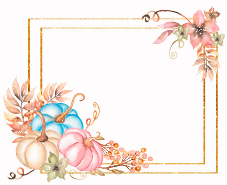 Golden frame with watercolor pink and beige floral composition. Hand drawn garden flowers with blue, pink and beige pumpkins.の写真素材