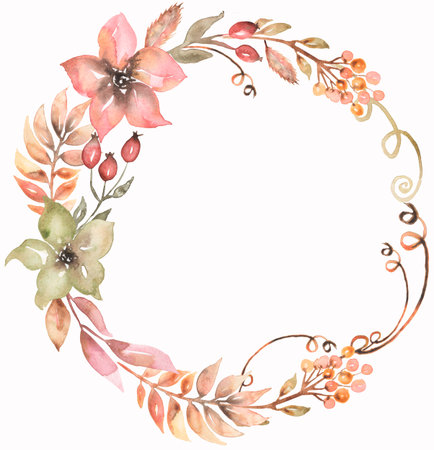 Golden frame with watercolor pink and beige floral composition. Hand drawn garden flowers with leaves.の写真素材