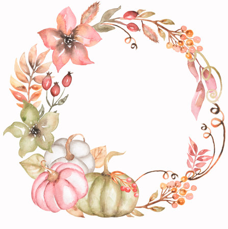 Golden frame with watercolor pink and beige floral composition. Hand drawn garden flowers with pink, white and green pumpkins.の写真素材