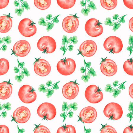 Watercolor hand drawn seamless pattern with vegetables. Fresh Food repeat paper. Tomato and parsley textile print.の写真素材