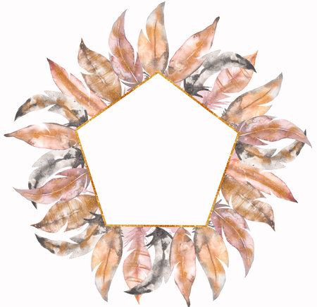 Watercolor Feathers Clipart. Boho hand drawn Feathers Frame illustration, Ethic Clip art, Wedding Invitation, card designの写真素材