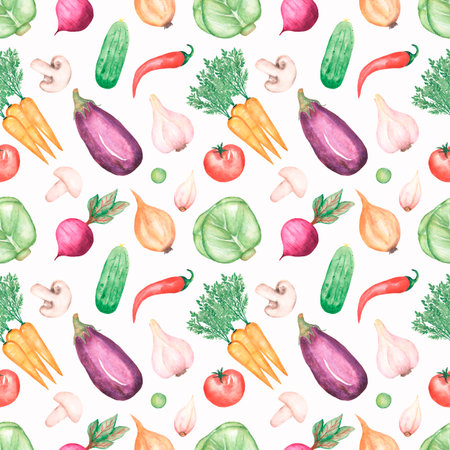 Watercolor hand drawn seamless pattern with vegetables. Fresh Food repeat paper. Tomato, carrot, onion, mushrooms, chili pepper and cucumber textile print.の写真素材