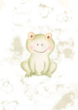 Watercolor cute forest little frog illustration, fun kids hand drawn nursery poster with woodland animal. Green color clipart in scandinavian style.の写真素材