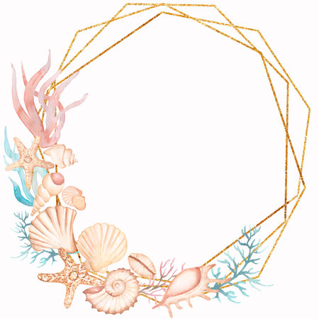 Watercolor sea objects and golden wreath, shell and corals, starfish and pearl, invitation card templateの写真素材