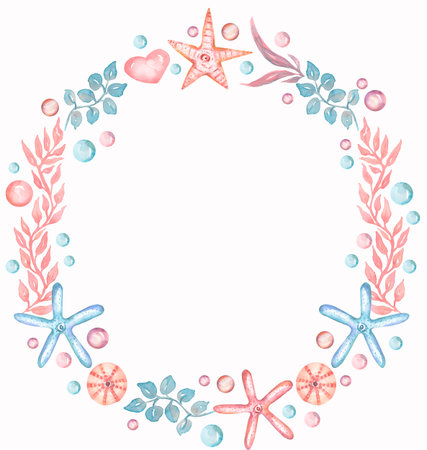 Watercolor sea objects wreath in pink and blue color, shell and corals, starfish and pearl, invitation card templateの写真素材