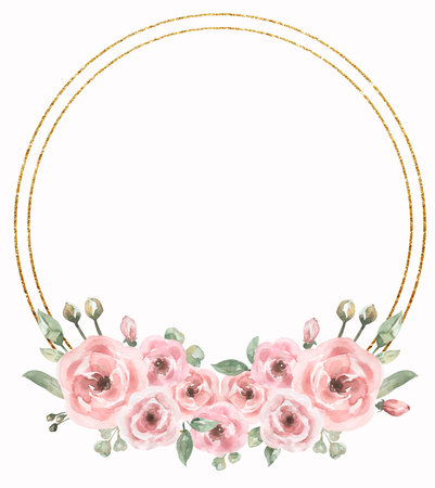Watercolor pink flowers and greenery with golden wreath, delicate floral frame, peony arrangements, invitation card templateの写真素材