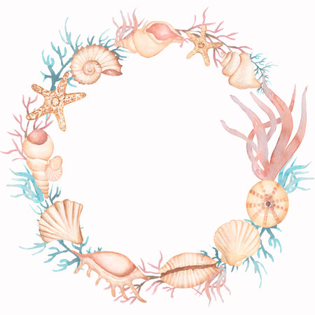 Watercolor sea objects wreath, shell and corals, starfish and pearl, invitation card templateの写真素材