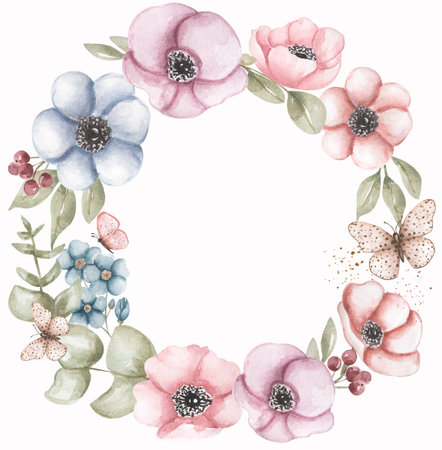 Watercolor garden flowers wreath clipart, anemone flower and wildflowers frame, delicate spring floral wreath. Butterflies, berries, greenery border.の写真素材