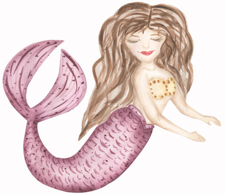 Watercolor underwater illustration with mermaid in violet color, cute kids clipartの写真素材