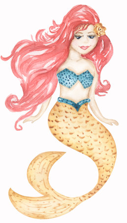 Watercolor underwater illustration with mermaid in yellow color, cute kids clipartの写真素材
