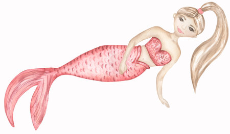 Watercolor underwater illustration with mermaid in pink color, cute kids clipartの写真素材