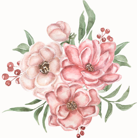 Watercolor peony and greenery bouquet clipart, delicate flowers illustration in vintage style, pink and white rose flower clip art, wedding floralsの写真素材
