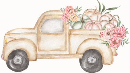 Watercolor old style transport with pumpkins and peony, cotton and greenery elements set clipart, transportation and delicate flowers illustration in vintage styleの写真素材