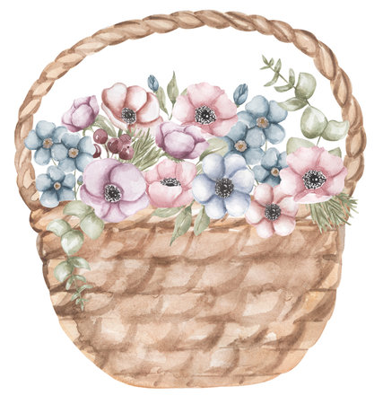 Watercolor anemone with forget-me-not and greenery bouquet, Easter basket. Suitable for greeting cards, easter cards, invitations, birthday, first communion, baptism, spring eventsの写真素材