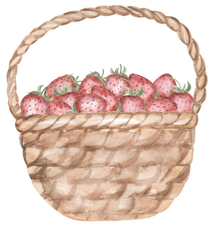 Watercolor strawberry illustration, Red berry basket. Suitable for greeting cards, easter cards, invitations, birthday, spring eventsの写真素材