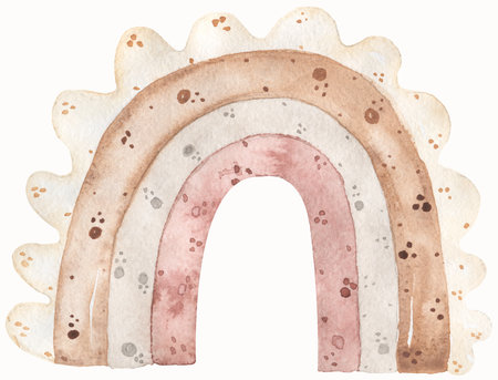 Watercolor Scandinavian Style Illustration with Rainbow. Lovely Nursery Art with Pastel Color Doodles Isolated on a Light Beige Background. Funny Infantile Style Boho Print.の写真素材