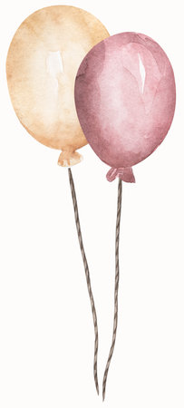 Watercolor air balloons illustration. Hand painted pack of party pink and yellow balloons clipart. Greeting decor.の写真素材