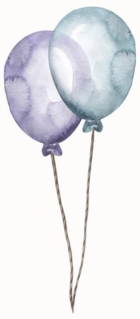 Watercolor air balloons illustration. Hand painted pack of party blue and purple balloons clipart. Greeting decor.の写真素材