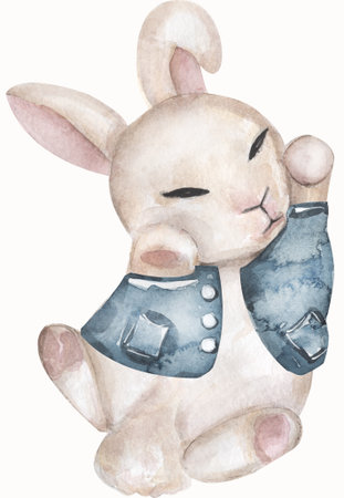 Cute bunny with blue jacket sleeping, watercolor painting for baby child postcard. Cartoon rabbit with funny tale, sweet dreams, easter cardの写真素材