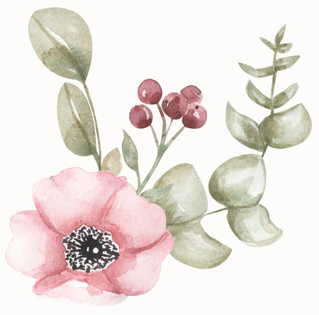 Anemone flower clipart, floral bouquet design, garden pink pale flowers with greenery and berry, Eucalyptus branch. Wedding invite card, Watercolor designerの写真素材
