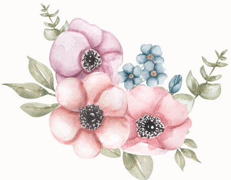 Anemone flower and forget me not clipart, floral bouquet design, garden pink pale flowers with greenery and berry, Eucalyptus branch. Wedding invite card, Watercolor designerの写真素材