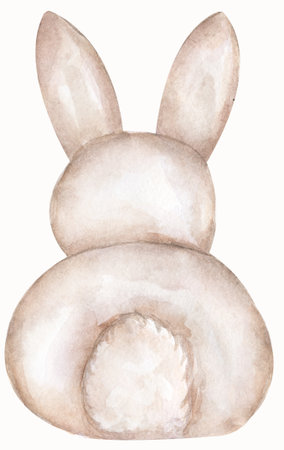 Cute bunny sitting, watercolor painting for baby child postcard, view from back. Cartoon rabbit with funny tale, sweet dreams, easter cardの写真素材