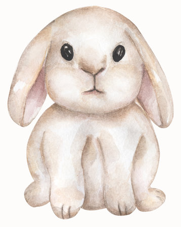 Cute bunny sitting, watercolor painting for baby child postcard. Cartoon rabbit illustration with funny tale, sweet dreams, easter cardの写真素材