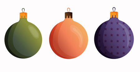 Christmas balls illustration set in green, violet and orange color. Xmas glass ball on white background. Holiday decoration template. New Year's Eve christmas tree toys.の写真素材