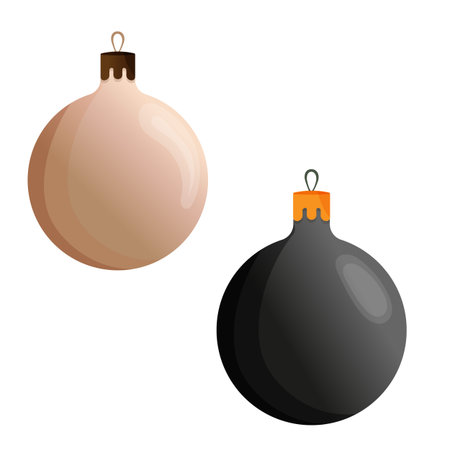 Christmas balls illustration set in beige and black color. Xmas glass ball on white background. Holiday decoration template. New Year's Eve christmas tree toys.の写真素材