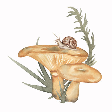 Watercolor saffron milk cap fungi with grass composition, fungus and autumn grass illustration. Hand drawn watercolor forest mushroom endless border frame clipartの写真素材