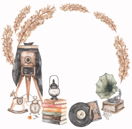 Watercolor vintage objects, statue, letters, books, photo, floral wreath invitation, retro style frame. Rustic boho wedding card. Watercolor save the date invites.の写真素材