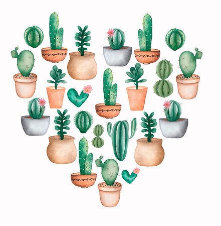 Watercolor hand drawn heart with cactus illustration. Cacti clipart, home flowers arrangement, perfect for cards, posters, banners, invitations, greeting cards, prints, wedding card, valentines cardの写真素材