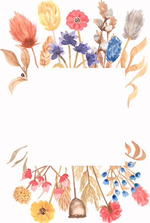 Hand drawn watercolor wildflowers wreath illustration.Watercolor Meadow Florals Frame, Dried Herbs Clip art, Vintage Field Flowers, Herbarium, Wedding Invites, Logoの写真素材