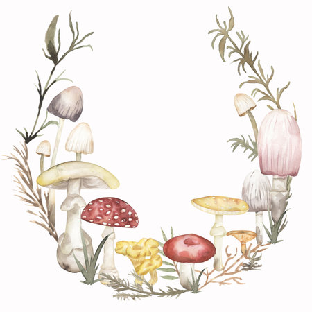 Mushrooms frame, Watercolor hand drawn fungi border illustration, Fungus wreath, Forest Leaves and florals arrangement, Autumn compositionの写真素材