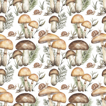 Seamless watercolor pattern with mushrooms. Hand-drawn mushrooms and snail repeat pattern. Design for clothing, textiles, postcards, wallpapers and wrappersの写真素材