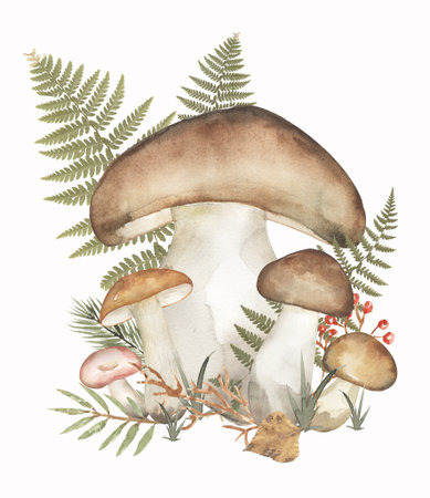 Watercolor porcini and other fungi with real fern leaves composition, fungus and autumn grass illustration. Hand drawn watercolor forest mushroom clipartの写真素材
