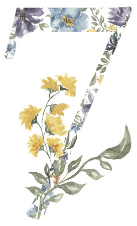 Wildflowers Number Seven Blossom Alphabet Design. Watercolor Floral number 7 isolated on white background.の写真素材