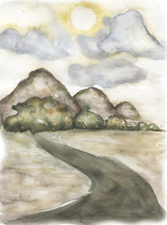 Watercolor mountains composition, trees and valley illustration, clouds and sun. Card invitation designの写真素材