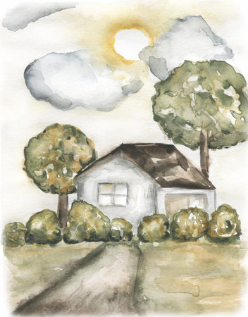 Watercolor country life composition, village illustration, trees with clouds and sun. Card invitation designの写真素材