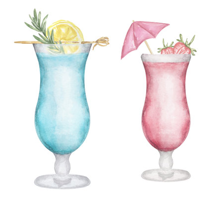 Watercolor hand drawn cocktail illustration set. Beverages clipart for menu, card, postcard, banner, poster. Food and drink printの写真素材