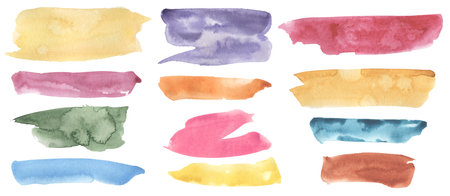 Watercolor hand drawn color backgrounds Clipart, Brush strokes illustration, Pastel violet, blue spots, Green Splashes Clip art, Yellow Drops, Design elements, Paint splatters setの写真素材