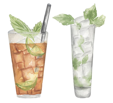 Watercolor hand drawn cocktail illustration set. Beverages clipart for menu, card, postcard, banner, poster. Food and drink printの写真素材