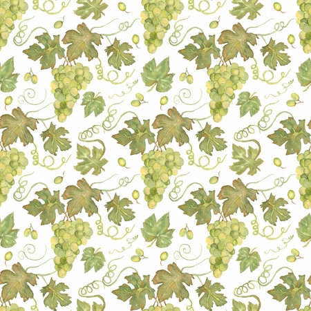Seamless pattern of green grapes, grape vines repeat paper, hand drawn print of raisins and leaves, textile decorの写真素材