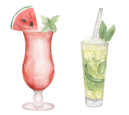Watercolor hand drawn cocktail illustration set with watermelon and lime. Beverages clipart for menu, card, postcard, banner, poster. Food and drink printの写真素材