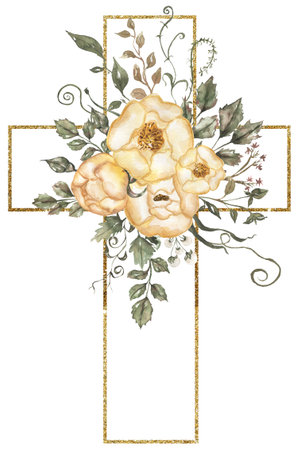 Watercolor hand painted floral cross with golden frame clipart, Easter Religious illustration, greenery and yellow peony cross, Baptism clip art, Holy Spirit art, wedding invitationの写真素材