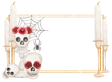 Watercolor hand drawn beautiful halloween wreath. Scary party frame with scull and red flowers illustration, black spider web and candles clipart. Holiday template card with halloween symbols.の写真素材