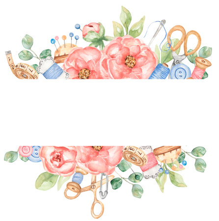 Watercolor Sewing elements and peony flowers bouquet frame clipart, Pink garden flower and Sewing Equipment illustration. Tailor Shop logo, card makingの写真素材