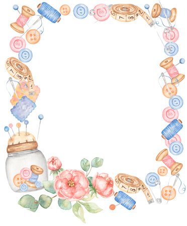 Watercolor Sewing elements and peony flowers bouquet frame clipart, Pink garden flower and Sewing Equipment illustration. Tailor Shop logo, card makingの写真素材