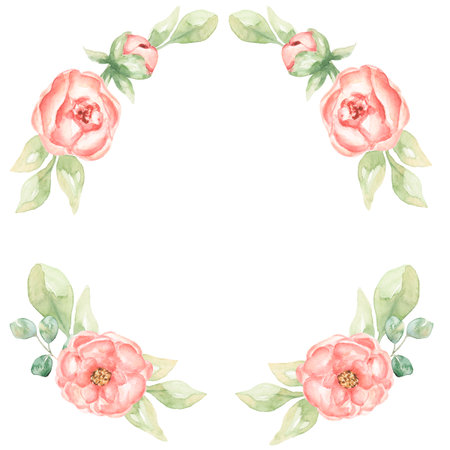 Watercolor garden peony flowers and greenery bouquet frame clipart, Pink garden flower wreath illustration. Wedding invitation, card making, baby showerの写真素材